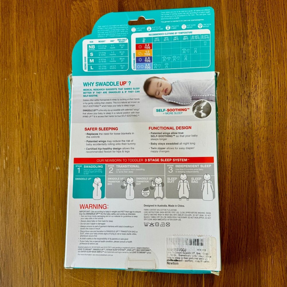 LOVE TO DREAM Swaddle Up Original Sleep Sack 1.0 TOG Small 8-13 lbs Gray Stage 1 - Picture 2 of 5